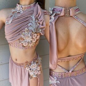 Glamour solo dance costume blush mauve rhinestone bling 2 piece stoned LC child